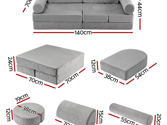 Keezi 12PCS Modular Kids Sofa Play Couch Foam Set with Removable Washable Cover Grey Playroom