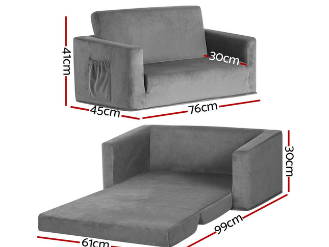 Keezi Kids Sofa 2 Seater Children Flip Open Couch Velvet Armchair Grey