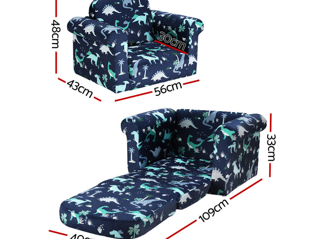 Keezi Kids Sofa 1 Seater Children Flip Open Couch Lounger Armchair Dinosaur Navy