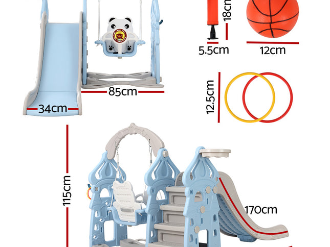 Keezi Kids Slide Swing Set Basketball Hoop Rings Outdoor Playground 170cm Blue