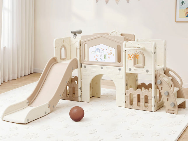 Keezi Kids Slide Set Toddler Indoor Playset With Drawing Board Beige