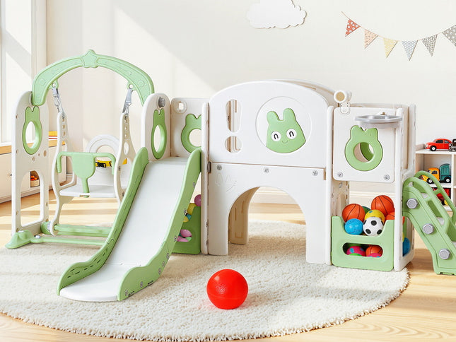 Keezi Kids Slide Swing Set Basketball Hoop Ring Football Outdoor Toys 140cm Green