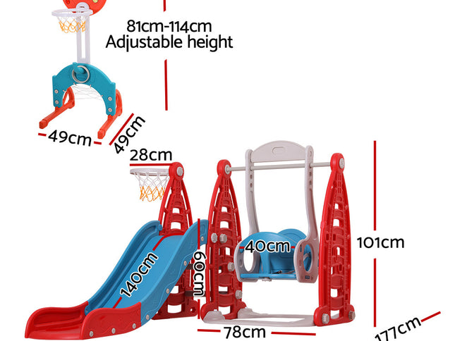 Keezi Kids Slide Swing Set Basketball Hoop Rings Football Outdoor Toys 140cm Red