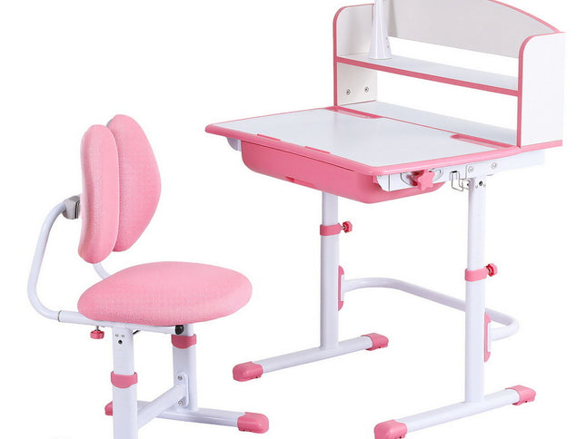 Keezi Kids Study Desk Chair Set Adjustable Ergonomic Table LED Lamp Pink