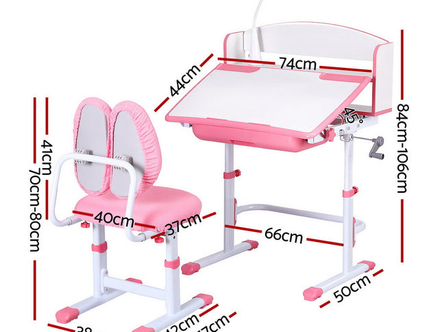 Keezi Kids Study Desk Chair Set Adjustable Ergonomic Table LED Lamp Pink