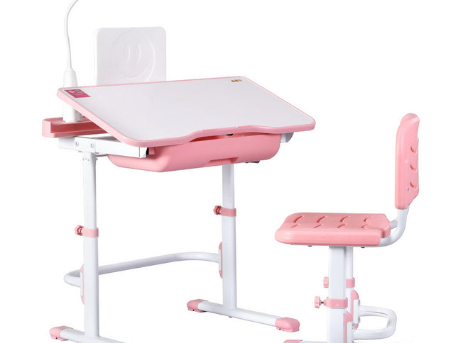 Keezi Kids Table and Chair Set Adjustable Study Desk w/ LED Lamp Reading Pink
