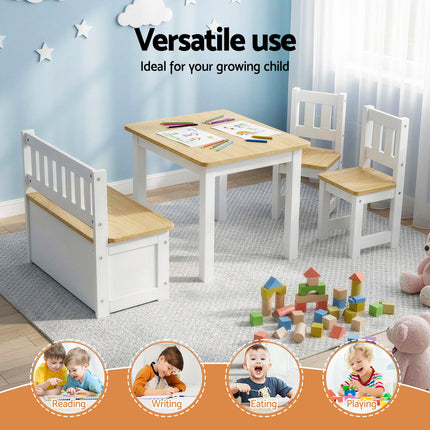Keezi 2 in 1 Kids Table and Chair Set, Activity Table with Storage Bench and 2 Chairs for Reading, Drawing, Writing, Snack Time & Arts Crafts, 4 PCS Toddler Table and Chair Set, Natural