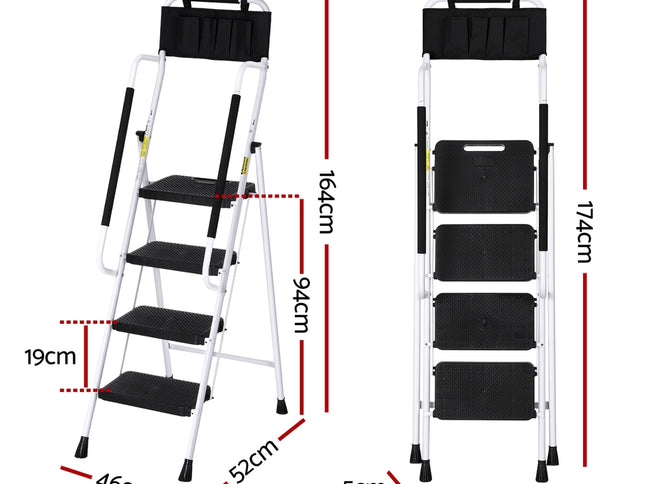 Giantz 4 Step Ladder Multi-Purpose Folding Steel Platform Tool Bag Handrails