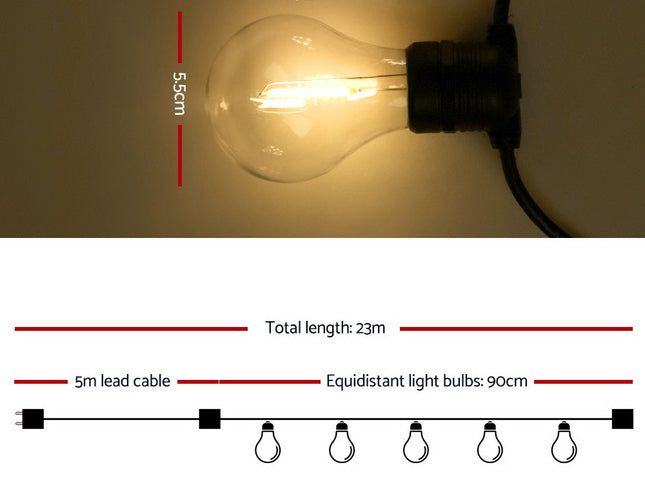 23m LED Festoon String Lights Outdoor Christmas Decorations Wedding Garden Party
