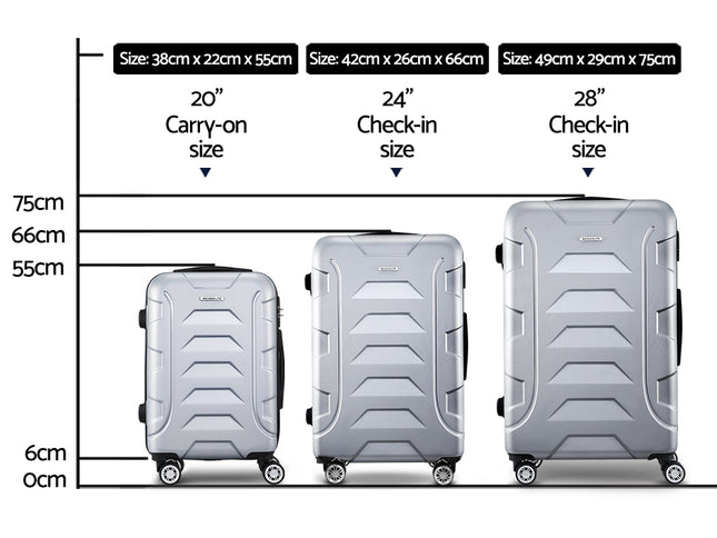 Wanderlite 3Set 20-24-28 Inch Luggage with TSA Lock Spinner Carry On Hard Shell Travel Suitcase Luggage Case Silver