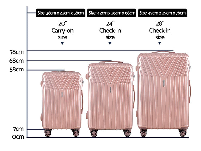 Wanderlite 3 Set Luggage 20-24-28 Inch Suitcase with TSA Lock Carry On Hard Shell Travel Luggage Organiser Case Pink