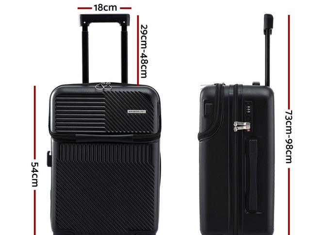 Wanderlite 20" Luggage Suitcase Front Pocket Travel Carry On TSA Black