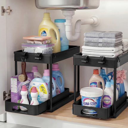 Toque 2 x Under Sink Organizer 2 Tiers Storage Sliding Drainage Kitchen Bathroom-2065254301634269190