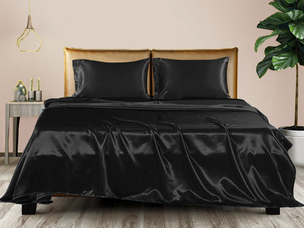 DreamZ Silky Satin Sheets Fitted Flat Queen Black-1910113195822026758
