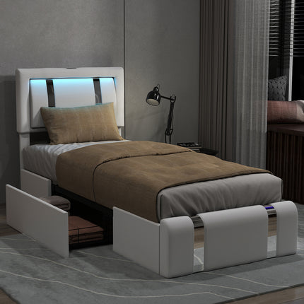 Levede Single Bed Frame Leather Headboard RGB 2 Drawers-2006732796336410630