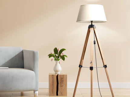 EMITTO Tripod Wooden Floor Lamp Shaded Natural-1864184396886708230