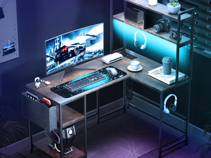 Levede L Shaped Gaming Desk with LED Lights Brown-1910112202766028807