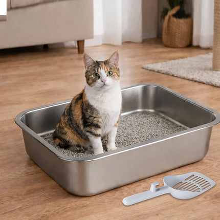 Pawz Stainless Steel Cats Litter Box 10cm Height Small Animals Easy Entry Clean-2029334099243700230