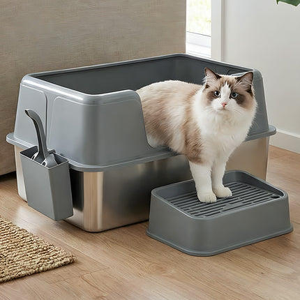 Pawz Stainless Steel Cat Litter Box Large Semi-Enclosed Easy Cleaning Pet Toilet-2029334099025596422