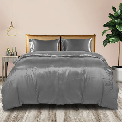 DreamZ Silky Satin Quilt Cover Set Bedspread Dark Grey King-1954802915591983110
