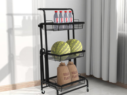 Levede 3 Tier Kitchen Trolley Cart Swivel Black Colour-1864184350699032582