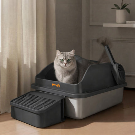 Pawz Stainless Steel Cat Litter Box Big Cats Kitten High Sided Easy Clean Grey-2029334098128015366