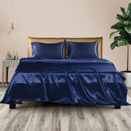DreamZ Silky Satin Sheets Fitted Flat Queen Blue-1954802914501464070