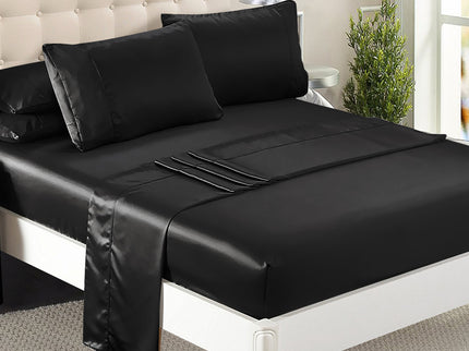 DreamZ Silky Satin Sheets Fitted Flat Queen Black-1910113195822026759