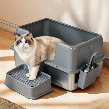 Pawz Stainless Steel Cat Litter Box Large Semi-Enclosed Easy Cleaning Pet Toilet-2029334099025596423