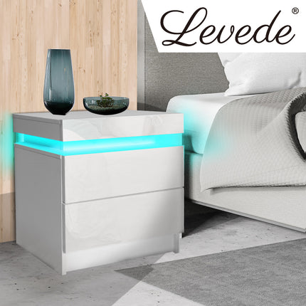 Levede Bedside Tables RGB LED Side Table White-1975420463467335687