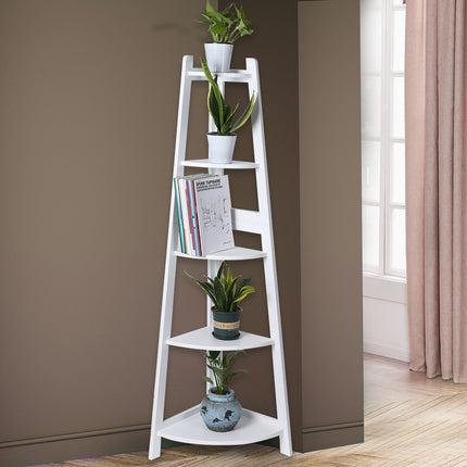 Levede 5 Tier Corner Shelf Wooden Storage White-1973194041973673990
