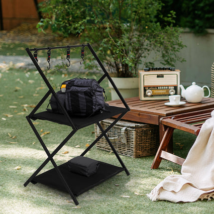 Levede Foldable Camping Storage Shelves 2 Layer with Hooks Black-1894516820644335622