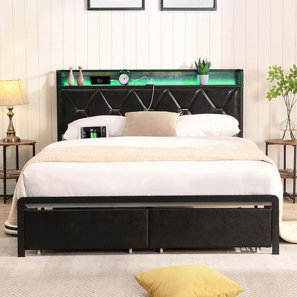 Levede Double Metal Bed Frame LED Lights 2 Drawers-1973193504427479047