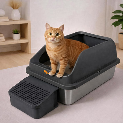 Pawz Stainless Steel Cat Litter Box Big Cats Kitten High Sided Easy Clean Grey-2029334098128015367