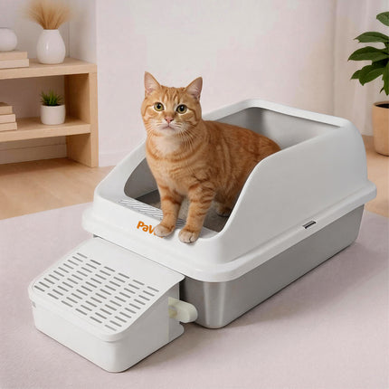 Pawz Stainless Steel Cat Litter Box Big Cats Kitten High Sided Easy Clean White-2029334098350313479
