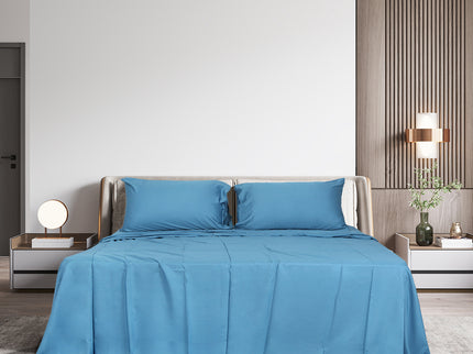 Dreamz 4pcs Queen Size 100% Bamboo Bed Sheet Set in Blue Colour-1942353308710735879