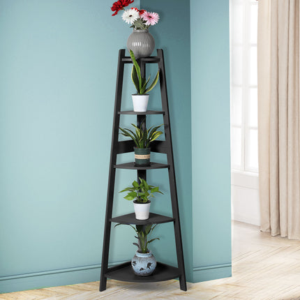 Levede 5 Tier Corner Shelf Wooden Storage Black-1975420482190708743