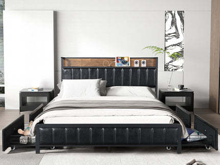 Levede Queen Bed Frame PU 4 Drawer USB Charge-1942353321201373191