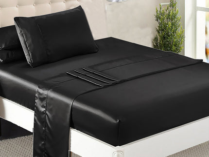 DreamZ Silky Satin Sheets Fitted Flat Single Black-1942353301689470983