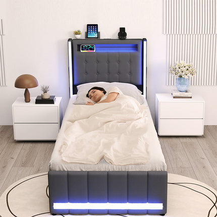 Levede Single Bed Frame Fabric Storage Drawer LED USB-2006733382138073095