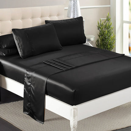 DreamZ Silky Satin Sheets Fitted Flat Queen Black-1973194024038830087