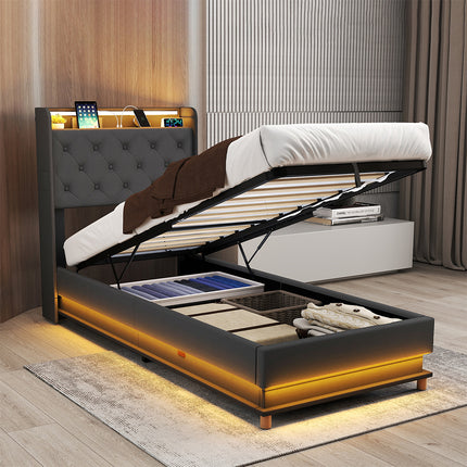 Levede Single Bed Frame Gas Lift Storage LED Light USB-2006733381777362951