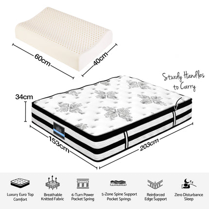 Giselle Queen 34cm 5-Zone Euro Top Pocket Spring Mattress with 2 Natural Latex Contour Pillows
