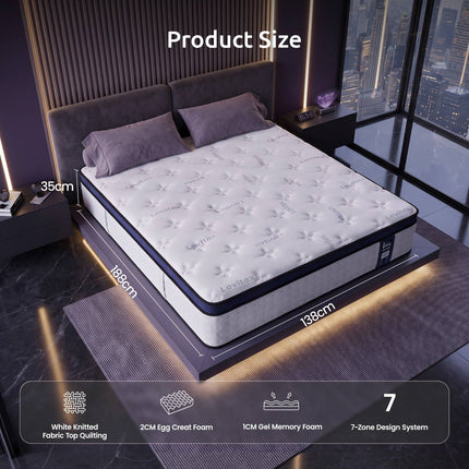 Levitex 35CM Double Mattresses Gel Memory Foam and 7-Zone Ergonomic Pocket Spring, Anti-Roll Dual-Row Edge, Undisturbed Deep Sleep For Restless Couples, Triple Cooling System