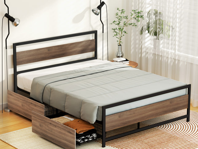 Artiss Bed Frame Queen Size Metal Frame with 2 Drawers DREW