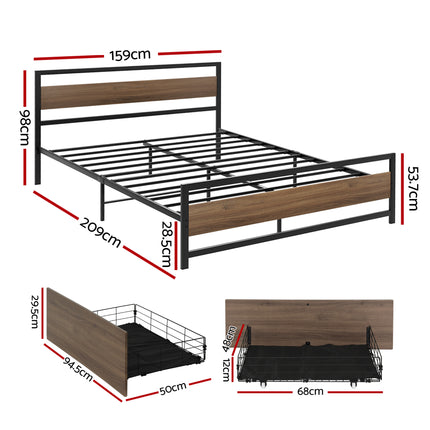 Artiss Bed Frame Queen Size Metal Frame with 2 Drawers DREW