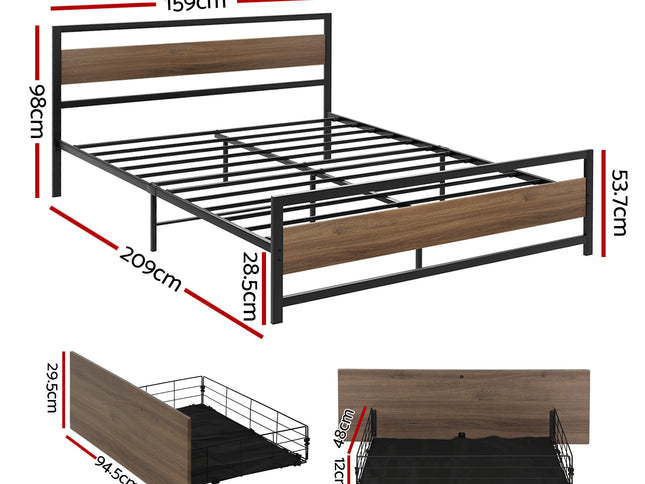 Artiss Bed Frame Queen Size Metal Frame with 2 Drawers DREW