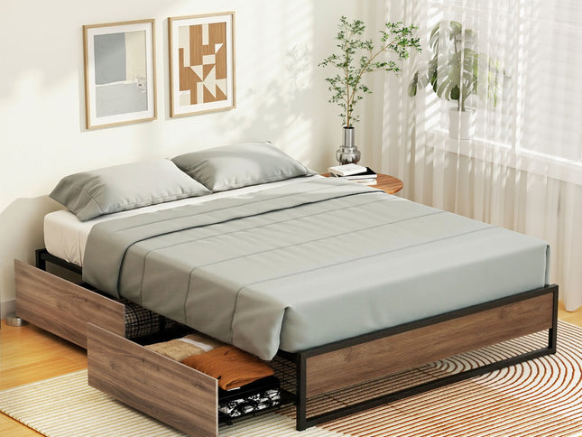 Artiss Bed Frame Metal Frame Queen Size Bed Base 2 Drawers OSLO