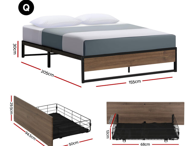 Artiss Bed Frame Metal Frame Queen Size Bed Base 2 Drawers OSLO