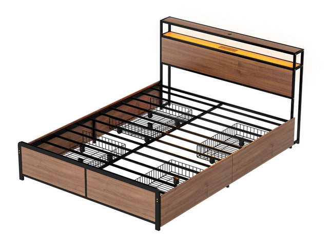 Artiss Metal Bed Frame Double Size with 2-Tier Storage Headboard Metal Platform with 4 Storage Drawers Built in Charging Station & LED Noise-Free/Metal Support/No Box Spring Needed Vintage Brown